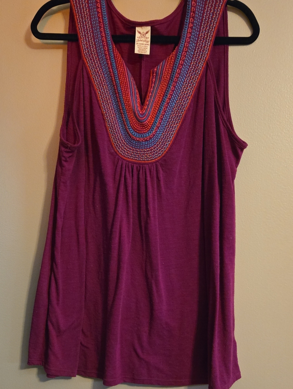 Faded Glory Purple Tank Top with Multicolor Embroidered Yoke
